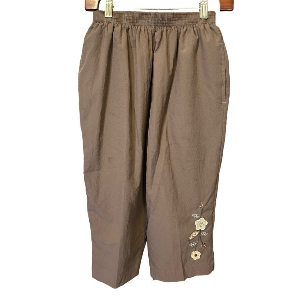 BonWorth Brown Cropped Pants Floral Embroidery Elastic Waist Size M